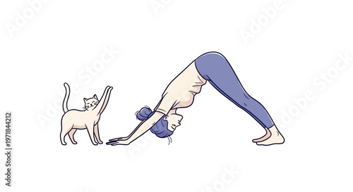 Woman in downward dog yoga pose with curious cat