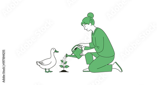 Woman kneeling watering a plant with a duck nearby