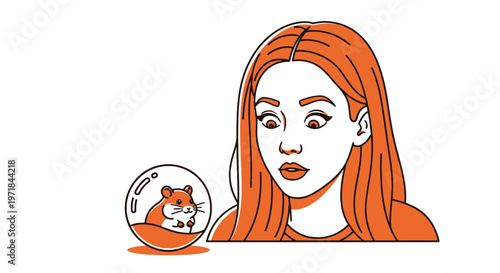 Woman looking at hamster in a ball with surprised expression