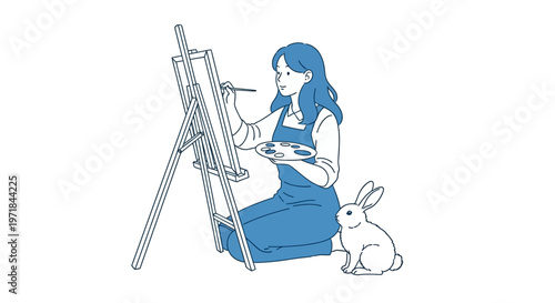 Woman painter creating art on easel with rabbit pet