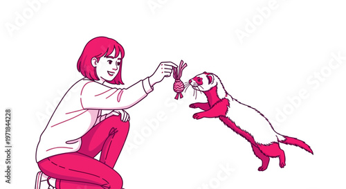 Woman playing with happy ferret and fish toy illustration