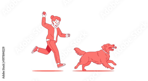 Woman playing fetch with dog, throwing ball, running together