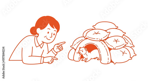 Woman pointing at ferret hiding in cozy pillow den