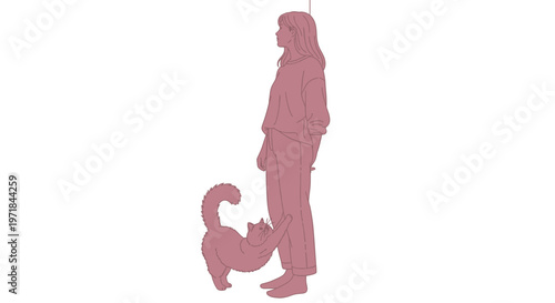 Woman standing with cat rubbing against her leg