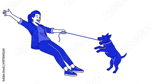 Woman struggling to walk an energetic dog on leash