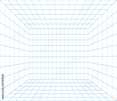 遠近法で奥行きを強調した青いワイヤーフレームグリッド空間の未来的デジタルバーチャルルーム背景イラスト