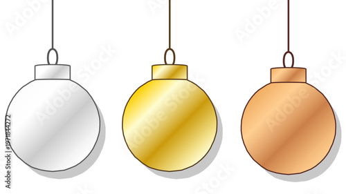 光沢の異なるシルバー・ゴールド・ブロンズのクリスマスオーナメントが並ぶシンプルで上品な冬の装飾イラスト背景素材