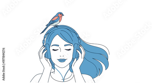 Woman with headphones and bird on head listening to music