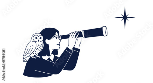 Woman with owl looking through telescope at guiding star