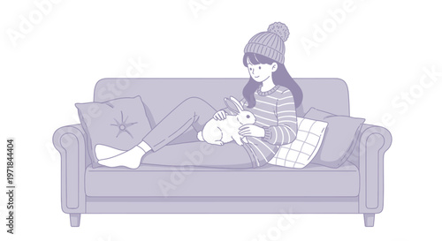 Young woman in hat holding pet rabbit on cozy sofa