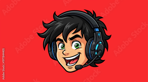 Cartoon gamer with headset.