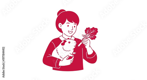 Young woman holding happy guinea pig with fresh greens