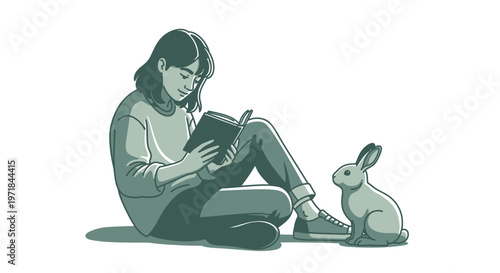 Young woman reading book with rabbit sitting beside her