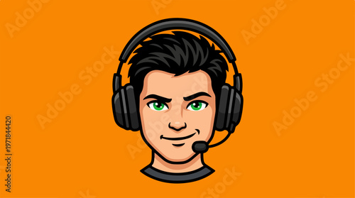 Cartoon man wearing headset.