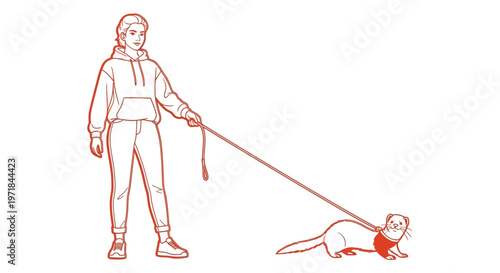 Young woman walking a pet ferret on a leash