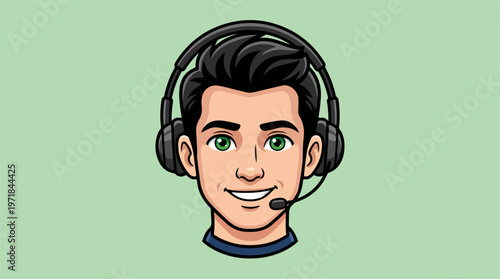 Cartoon man wearing headset.