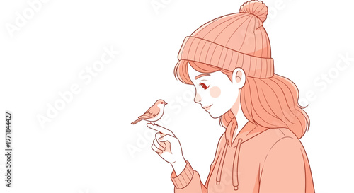 Young woman with bird on finger wearing beanie and hoodie