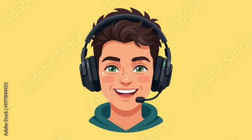 Cartoon man wearing headset.