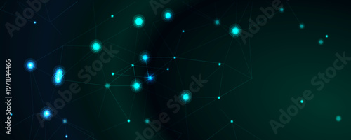 暗いグリーンとブルーのグラデーション空間に光るノードと線が広がるデジタルネットワーク構造イメージ、通信とデータのつながりを表現した未来的背景