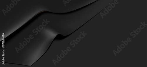 マットブラックの滑らかな曲面が重なり合うシンプルで高級感のある抽象背景、静寂とミニマリズムを表現したモダンデザイン素材