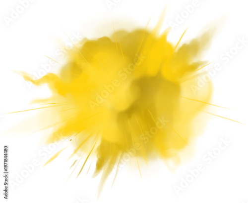 白背景に広がる鮮やかな黄色インクの爆発スプラッシュと光の放射が印象的な抽象エネルギー表現テクスチャ素材