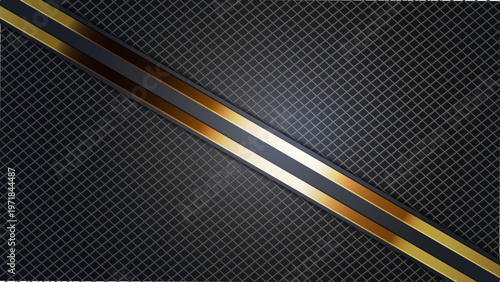 ブラックの格子パターンにゴールドとメタリックシルバーの斜めラインが交差する高級感あふれるモダン抽象背景、ラグジュアリーデザイン素材