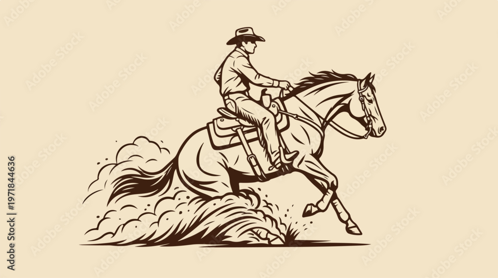 Fototapeta premium Cowboy Riding Horse Jumping Hurdle.