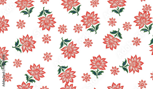 Tableau sur toile Seamless Indian block print floral pattern with scattered red flowers and airy c
