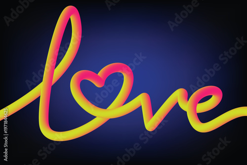 a stylized love sign with a heart in the middle of the o in love. the sign is yellow and pink. the background is black with a dark blue circle. the image is pixelated

