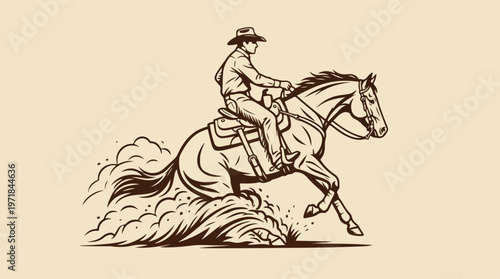 Cowboy Riding Horse Jumping Hurdle.