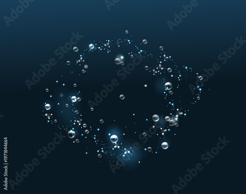 深いネイビーブルーの背景に光る粒子と透明な気泡が円環状に広がる幻想的なデジタル抽象アート、未来的エネルギー循環とテクノロジーの可視化イメージ