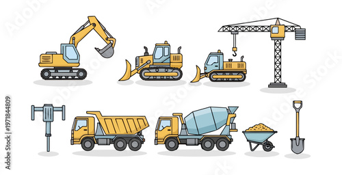 Construction equipment icons set vector illustration designs