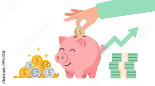 Hand dropping coin into piggy bank with growing profits, suitable for financial management concepts, savings goals, and investment themes.