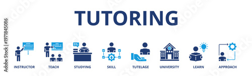 Tutoring banner web icon vector illustration concept with icon of instructor, teach, studying, skill, tutelage, university, learn and approach 
