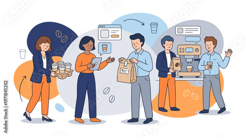 Customers receiving coffee from a barista in a busy caf suitable for coffee shop promotions, restaurant menus, and food blog posts.