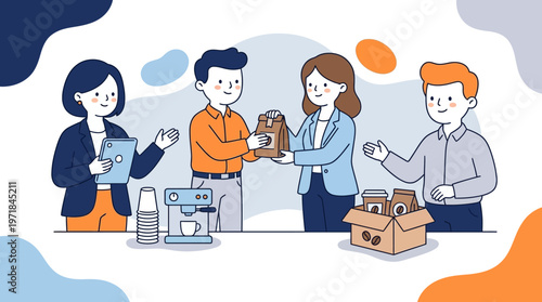 Four cartoon coworkers chatting by coffee machines with coffee packages. Ideal for officerelated designs, coffee lovers, and workplacethemed content.