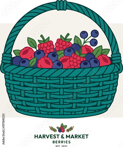 Fresh Berries in Green Basket.