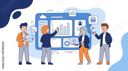 Four people collaborating on a digital analytics dashboard. Suitable for illustrating teamwork, data analysis, business meetings, and technology concepts.