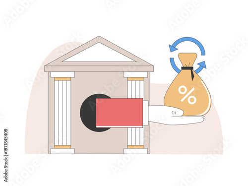
The illustration features a stylized bank building and a hand holding a money bag with percentage signs, indicating financial transactions or income. Tariff illustrations. Flat vector concepts.