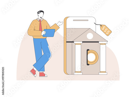 A man engaging in mobile banking, likely representing a commercial for digital financial services. Tariff illustrations. Flat vector concepts.