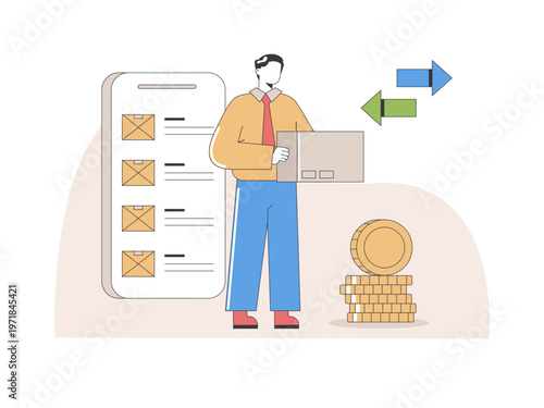 A person who manages the logistics of importing goods or handling international shipments and related customs or tax declarations via a mobile application. Tariff illustrations. Flat vector concepts.