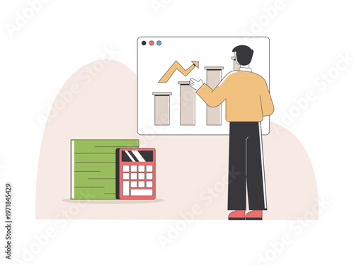 A business analysis featuring a professional businessman analyzing data graphs on screen while using a calculator for calculations. Tariff illustrations. Flat vector concepts.