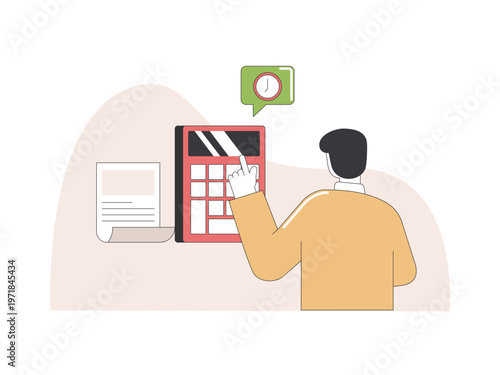 A person calculating costs using a calculator represents the concept of financial calculations, possibly related to office expenses, billing or budgeting. Tariff illustrations. Flat vector concepts.