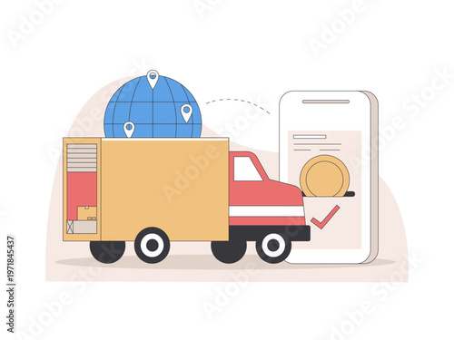 Global shipping services facilitated by logistics technology represent worldwide delivery capabilities. Tariff illustrations. Flat vector concepts.