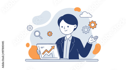 Smiling man with laptop displaying growth chart suitable for business presentations, financial blogs, and marketing materials.