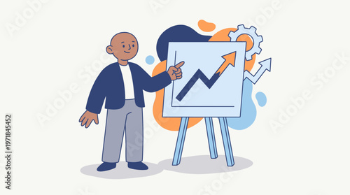 Man pointing to rising graph on display screen illustration. Suitable for finance presentations, business articles, and marketing materials.