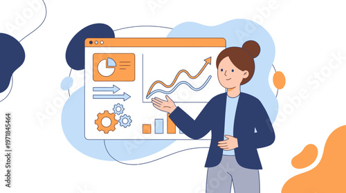 Woman presenting data on screen with various chart types, perfect for business presentations or articles on data analysis and visualization.