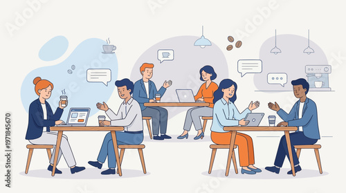 Group of people at a cafe, chatting and working on laptops. Suitable for illustrating a modern work environment or socializing scene.