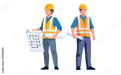 Construction engineers in safety vests with blueprints.