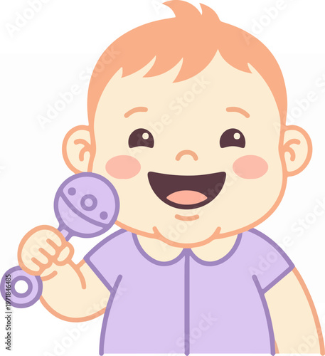 Happy Baby Holding Purple Rattle.